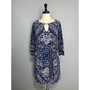 WHBM Scarf Print Blouson Dress Blue Black XS